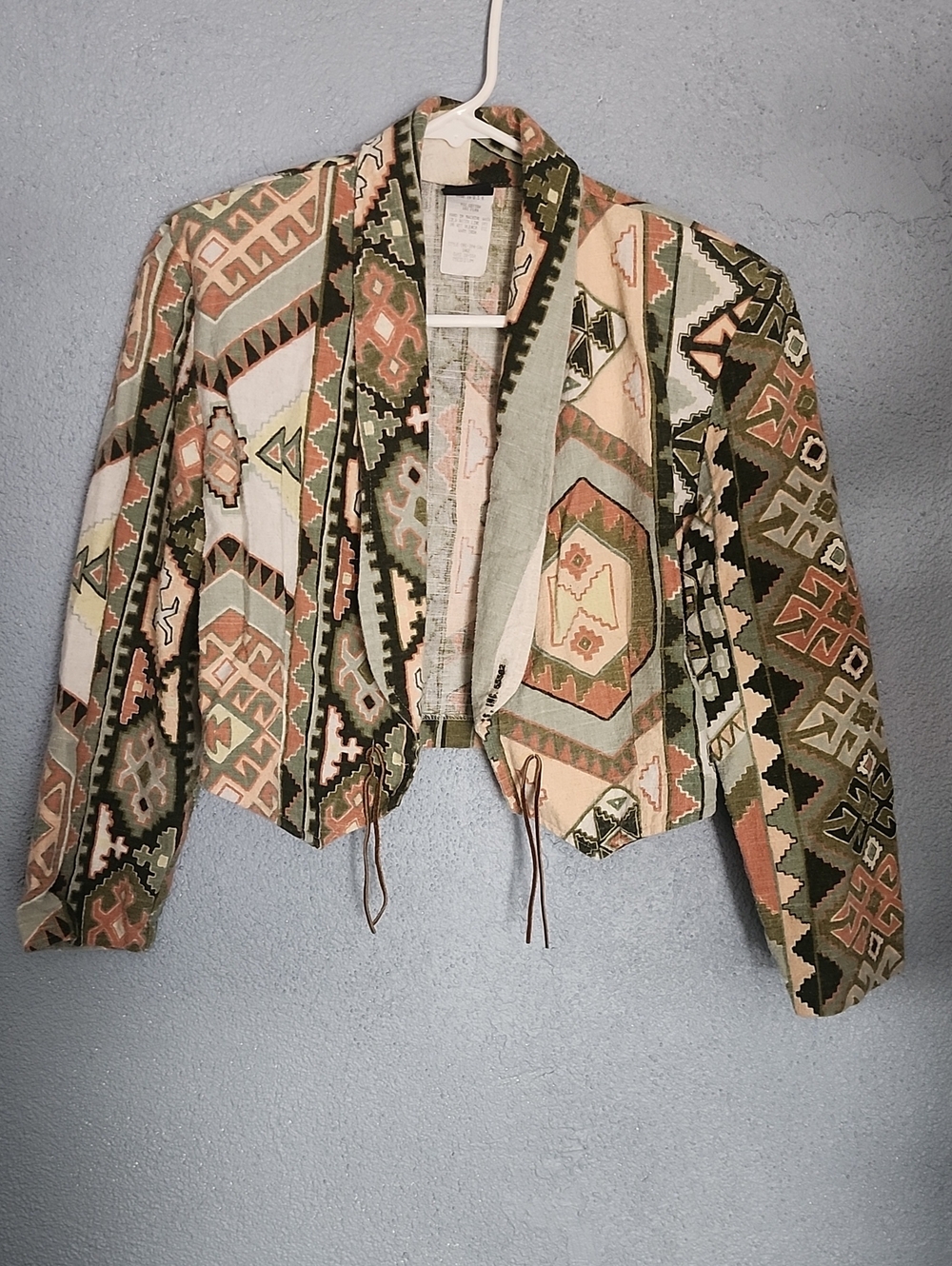 Aztec-Print Open Front Blazer in Olive & Peach